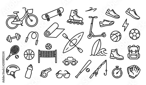Foto Summer sports line icons collection with outdoor activity and transport equipmen