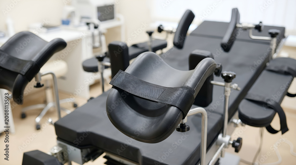 Obraz premium Sterile medical examination table with adjustable supports in a clean, modern clinic room, prepared for general healthcare procedures and patient assessment