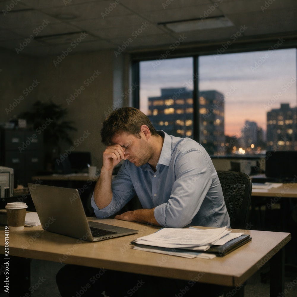 Obraz premium stressed businessman working late in modern office with city view at dusk