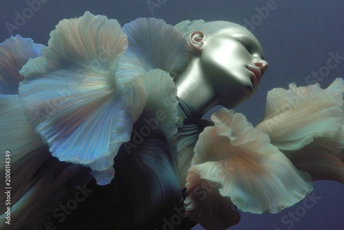 Abstract portrait of a woman with metallic skin and flowing fabric resembling underwater sea creatures, creating a surreal and artistic underwater fashion concept.