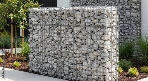 A modern garden setting features a gabion fence filled with uniform light stones and a wire mesh frame under natural daylight.