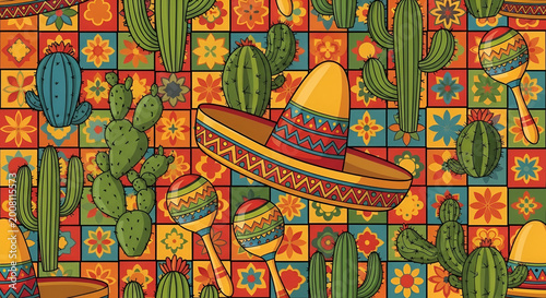 Vibrant Mexican fiesta background with cacti maracas and sombrero pattern