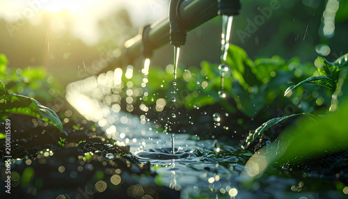 Irrigation in the Garden: Water pours from a garden irrigation system, providing essential moisture to verdant plants in a flourishing garden, under a gentle sun.
