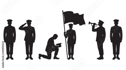 Military soldiers silhouette with flag and bugle military man army uniform