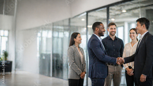 Business team handshake making deal and feeling happy