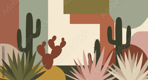 Bild auf Leinwand Abstract Desert Landscape with Cacti and Succulents.