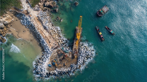 Aerial drone view of construction on coastal rock breakwater