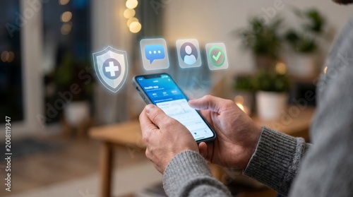 Person using smartphone with health and security icons floating above