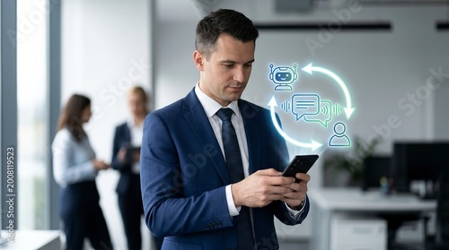 Businessman using smartphone with digital communication icons in office