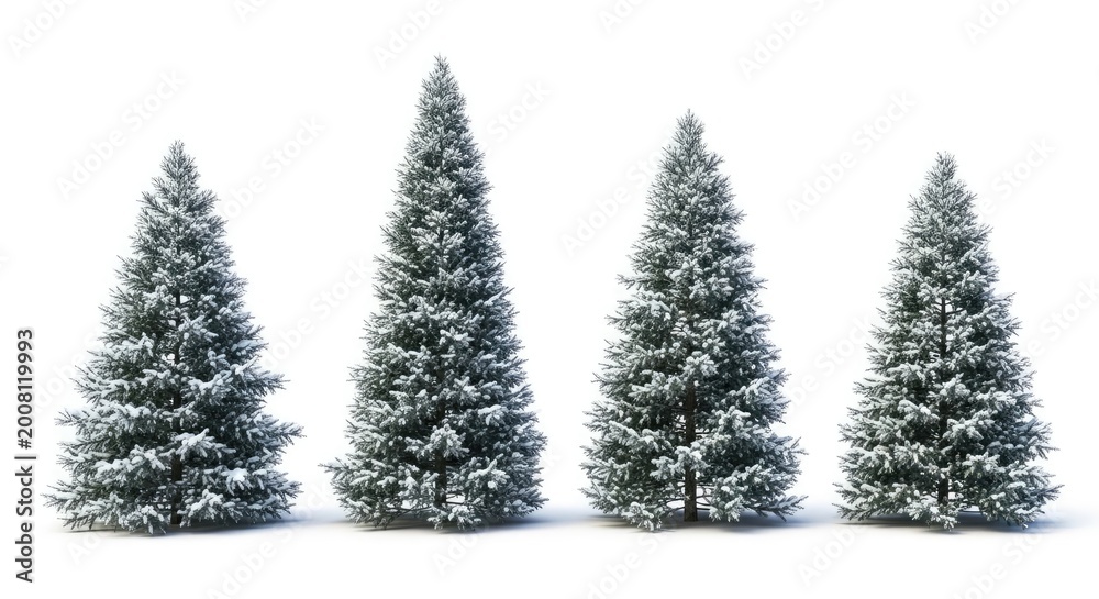Obraz premium Four snow covered evergreen trees on white background winter coniferous
