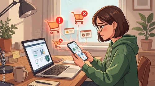 Woman with glasses checking smartphone for online shopping issues