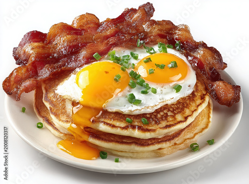 Stack of golden pancakes topped with two sunny side up eggs crispy bacon strips and chopped green chives