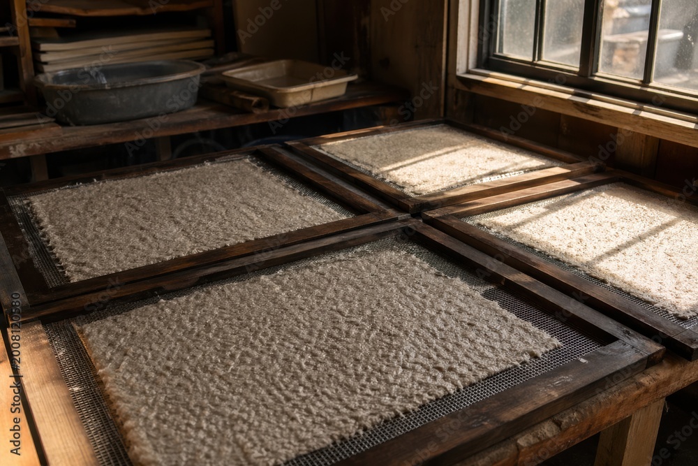 Fototapeta premium Traditional Japanese Washi Paper Making: Drying Frames with Wet Pulp in Natural Sunlight