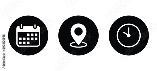 Date calendar, map pin location, and clock time icon vector on black circle, clean minimal flat illustration pack for event planning