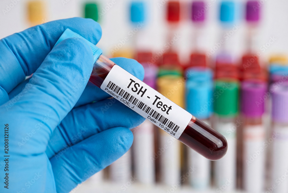 Fototapeta premium Gloved hand holding blood test tube labeled TSH in a medical laboratory