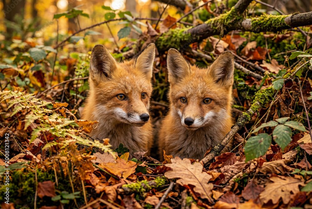 Fototapeta premium Two young red foxes looking out from dense autumn forest foliage