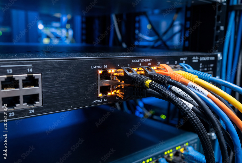 Naklejka premium A dark network switch with glowing indicator lights and colorful ethernet cables plugged in