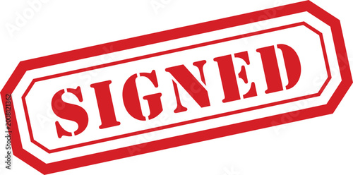 Foto A prominent red rubber stamp clearly displaying the word SIGNED against a clean