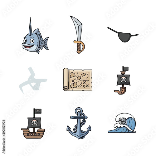 Foto Pirate ship anchor sword treasure.