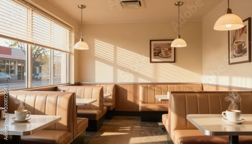 bright modern diner interior with beige booths and warm pendant lighting for restaurant marketing