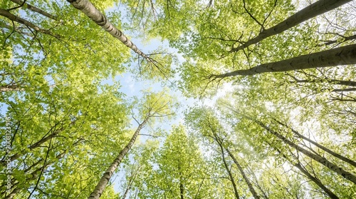 Tall birch and deciduous tree canopy reaching toward a clear blue sky in a lush green spring forest with bright sunlight filtering through fresh leaves for environmental growth and sustainability