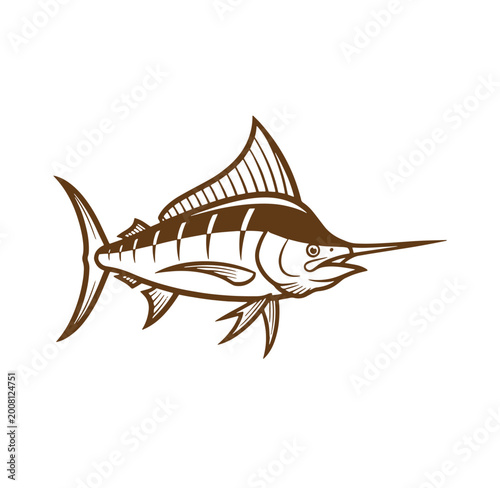 Brown sailfish illustration with detailed fins and bill swimming isolated on white background