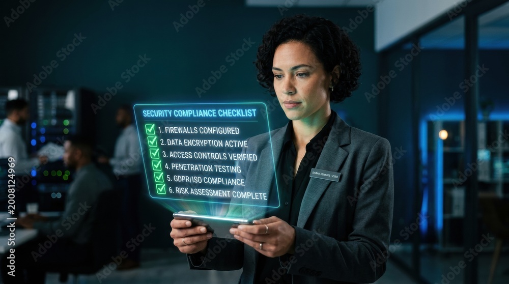 Fototapeta premium A professional reviews a cybersecurity checklist using a holographic display in a contemporary office during working hours.