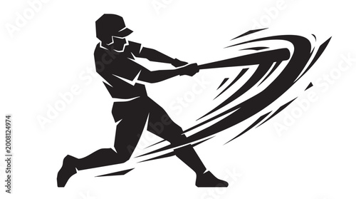 Canvas Print Baseball batter silhouette hitting ball with dynamic motion lines and powerful