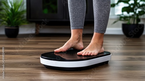 Woman Standing Barefoot on Vibration Plate Fitness Machine at Home
