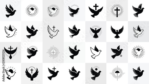 Bild auf Leinwand Collection of 30 elegant minimalist logos featuring doves crosses and divine sym