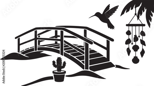 Bild auf Leinwand Black and white silhouette featuring a wooden arched bridge, a flying hummingbir