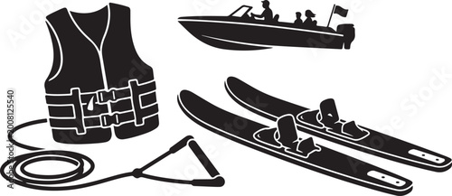 Canvastavla Black and white silhouette set featuring a life vest, a motorboat with passenger
