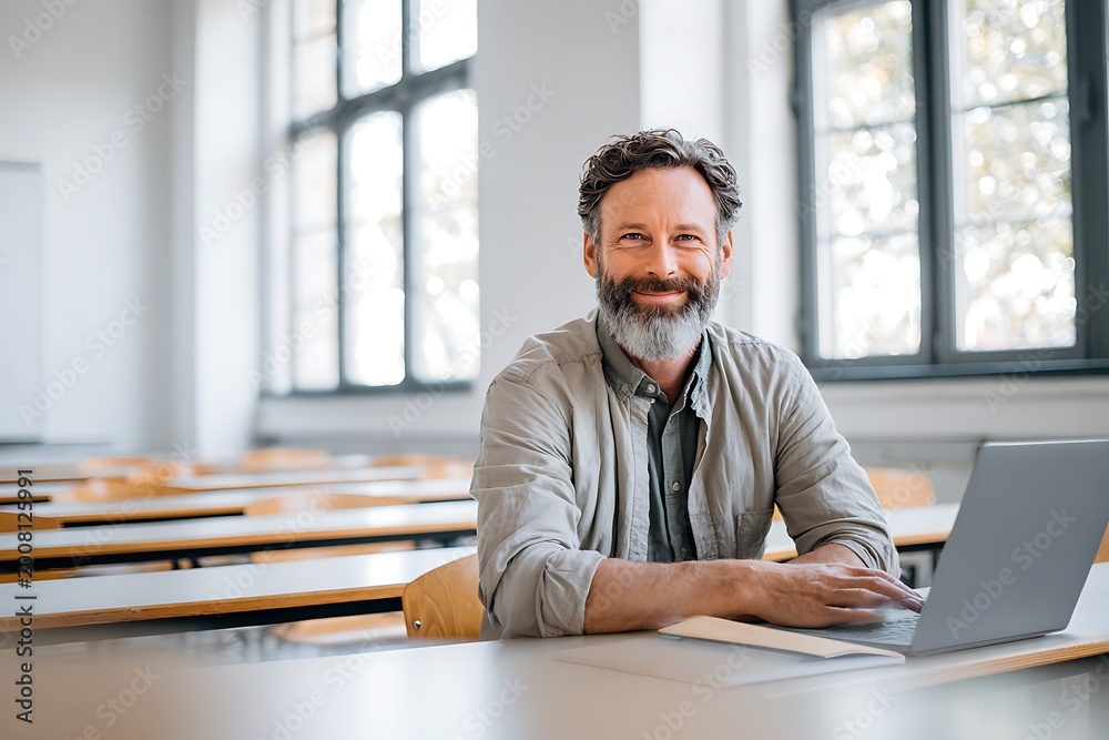 Fototapeta premium Smiling male student with laptop in empty lecture hall.