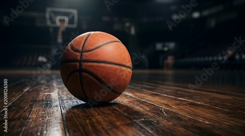 Close up basketball on hardwood court with dramatic lighting