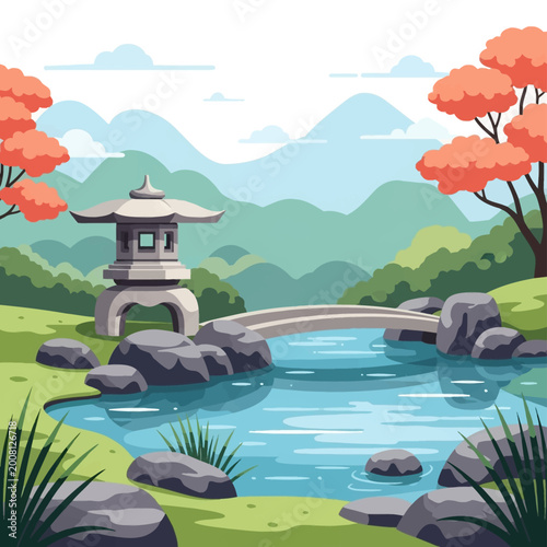 Traditional Japanese Zen garden vector illustration featuring a stone lantern, arched footbridge crossing a blue pond, surrounded by rocks, red maple trees, and distant mountains.