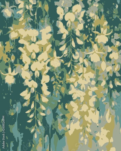 Beautiful hanging flowers pattern in cream yellow and teal background