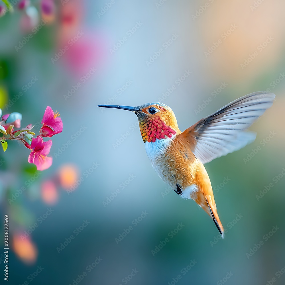 Fototapeta premium Rufous Hummingbird Hovering Near Pink Flowers in a Vibrant Garden.