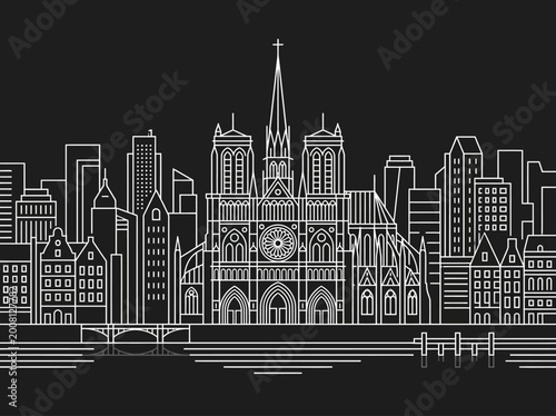Cuadro en lienzo Minimalist Paris Skyline with Notre Dame Cathedral Line Art Illustration on Blac