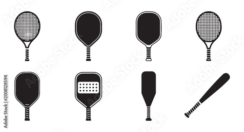 Collection of sports equipment including tennis racket, pickleball paddles and baseball bat.