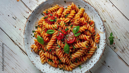 Tableau sur toile top view of a plate filled with fusilli pasta in a rich tomato basil sauce garni