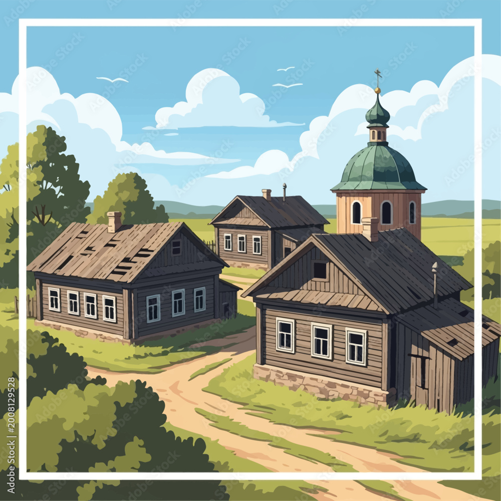 Naklejka premium Illustration of a traditional old village featuring wooden houses and a church with a green onion dome, set in a rural landscape with dirt roads, green fields, and a cloudy blue sky.