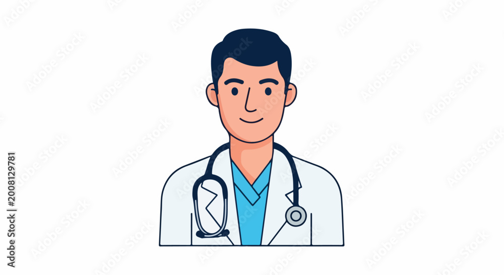 Fototapeta premium A friendly cartoon doctor wearing a white coat with a stethoscope smiles, ready to help patients