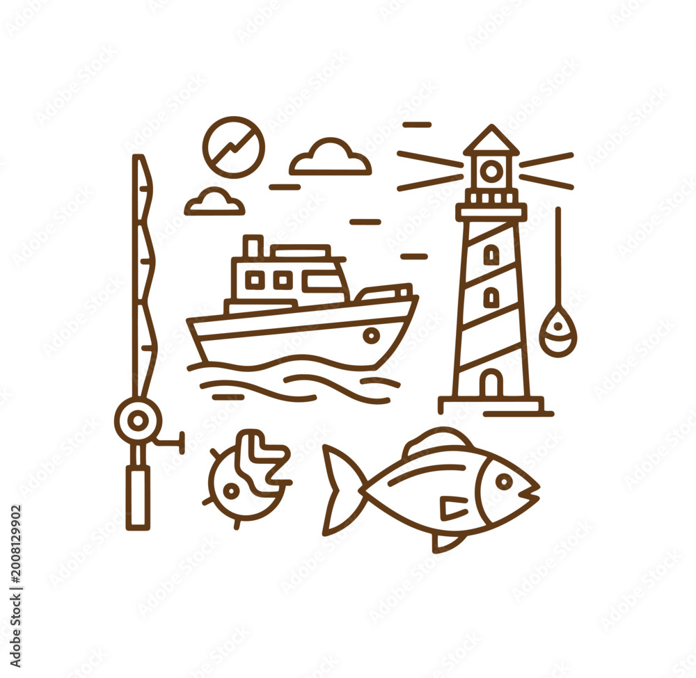 Naklejka premium seaside icons with fishing rod boat lighthouse fish and clouds nautical symbols