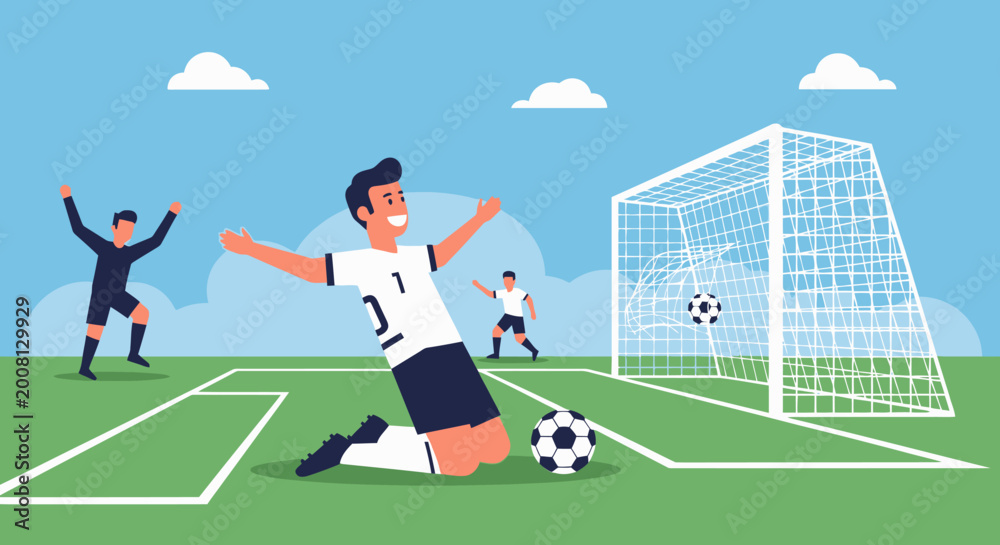 Obraz premium Jubilant football player celebrating a triumphant goal on the field, expressing immense joy after scoring during a competitive soccer match, showcasing the thrill of victory