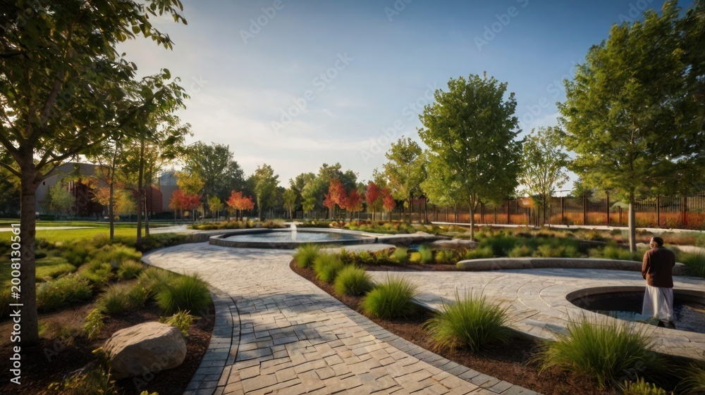 Obraz premium Serene park landscape with paved pathways and water features fountain trees
