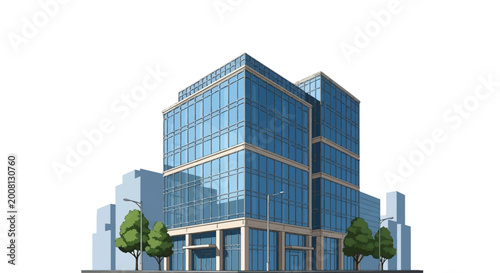 Modern architectural vector illustration of a multi-story commercial office building with blue glass curtain walls, tan facade, street lamps, and green trees on a white background.