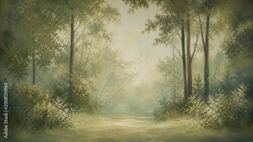 A misty woodland path framed by tall trees and pale wildflowers, rendered as a soft scenic backdrop with muted green light and a dreamy painted atmosphere. Hand-painted photo studio backdrop for compo
