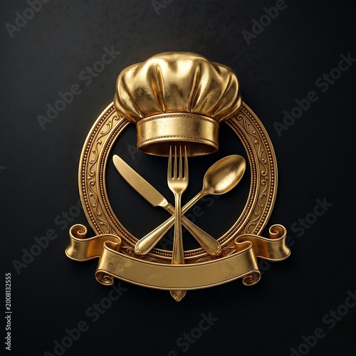 Golden chef hat with crossed cutlery inside ornate circular frame on black background