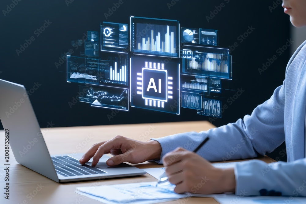 Fototapeta premium Business Professional Engaging with AI Technology and Data Analysis