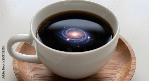White porcelain cup containing a swirling spiral galaxy filled with bright glowing stars and interstellar cosmic dust floating inside the dark liquid of the morning coffee